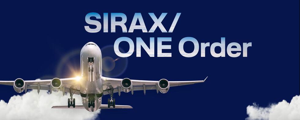 Airplane in front of clouds with SIRAX/ONE Order lettering, Lufthansa Systems software for efficient financial processes