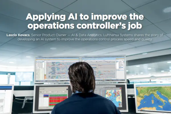 Cover image for the article “Applying AI to improve the operations controller's job”, showing an operations controller in front of several screens