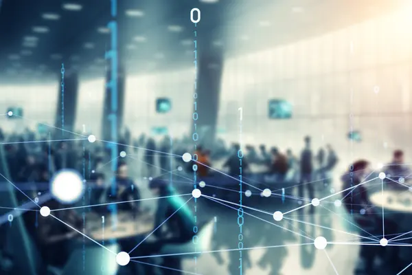 people in a room with digital overlay