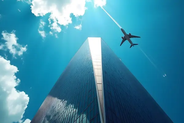 A modern skyscraper with a glass facade, photographed from a low angle, reflecting the sky and clouds. An airplane flies overhead.