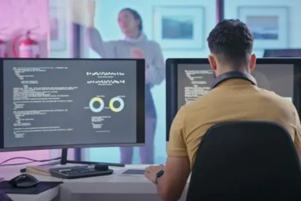 Workspace with two monitors displaying programming code and charts.