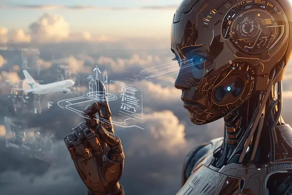 A hyper-realistic female robotic figure interacting with holographic aviation data, including aircraft and runway diagrams, in a cloudscape.