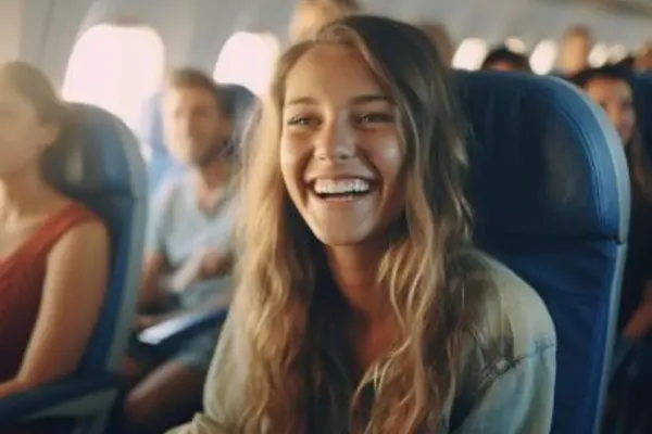 laughing woman sitting in airplane seat