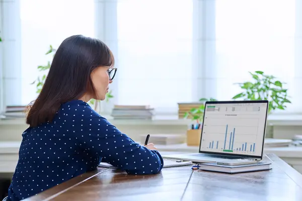 Laptop displaying bar charts, person taking notes at desk