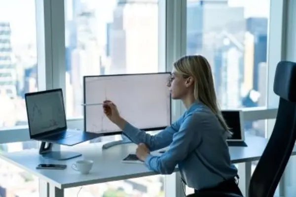 Person working in office pointing at charts on computer screen
