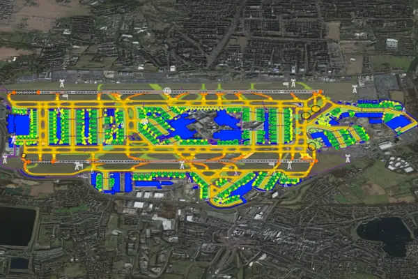 Overview map of a large airport with color‑coded taxiways, buildings, and operational areas