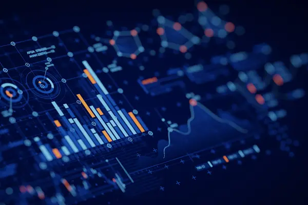 Grafische Datenanalyse mit Diagrammen und Statistiken auf dunklem Interface