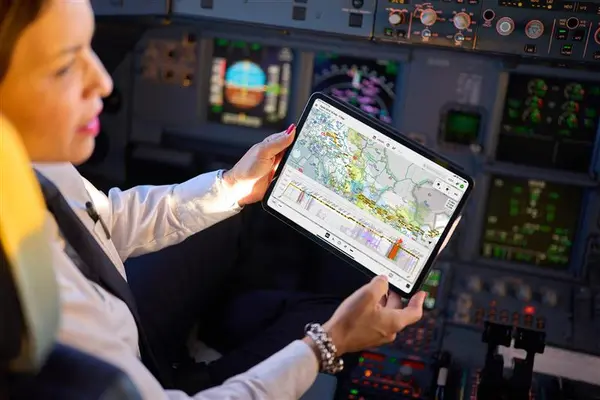Pilot hält ein Tablet mit Navigations‑ und Wettersystemen im Cockpit eines Flugzeugs