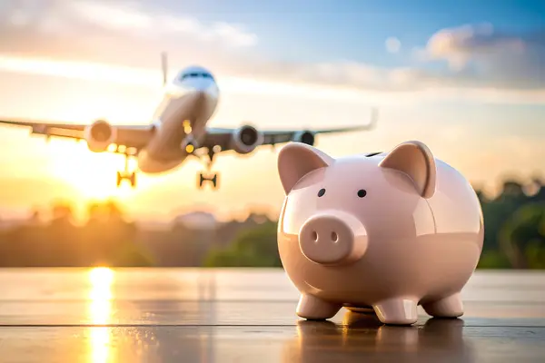 Piggy bank with an aircraft in the background symbolizing cost optimization in aviation