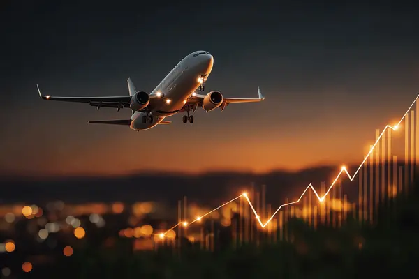 Aircraft taking off with an upward chart symbolizing growth and performance