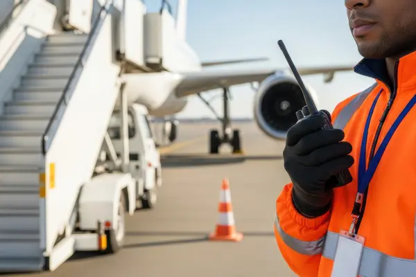 Ground crew member in safety vest using a radio in front of an aircraft on the tarmac