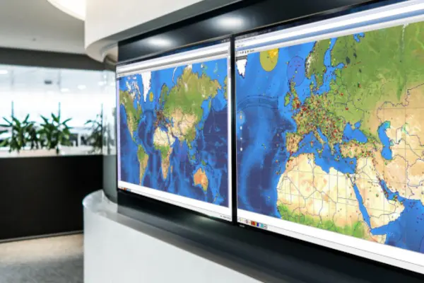 Large world map displays in an airline operations center for flight monitoring