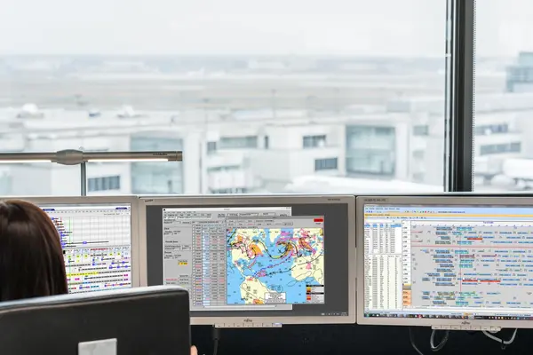 Screens in operations center office on airport