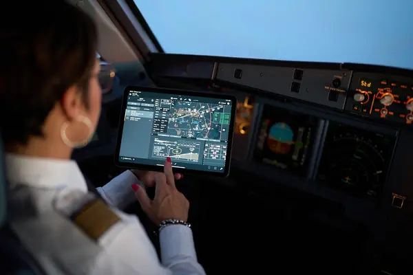 Tablet displaying digital navigation charts and flight data in the cockpit