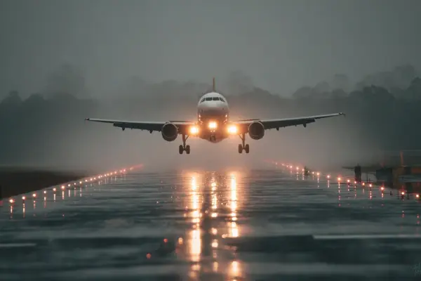 Commercial aircraft on final approach to a wet runway in challenging weather conditions