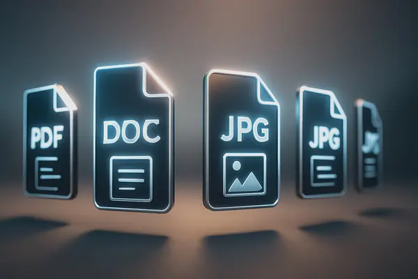 Symbolic representation of digital file formats such as PDF, DOC, and JPG