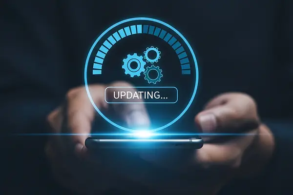 Digital update interface with progress indicator and gears on a mobile device