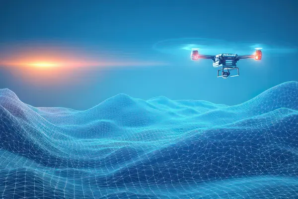 Drone flying over digitally visualized terrain for capturing and analyzing surface and elevation data