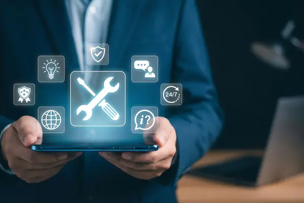 Tablet displaying icons for digital services, maintenance, security, and support