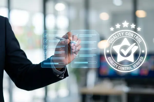 Digital checklist with quality seal representing quality control and verification