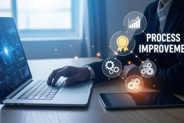 Digital process visualization with laptop and tablet, showing icons for analysis, automation, and continuous improvement
