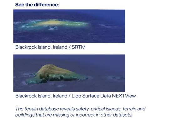 Comparison of two terrain visualizations of Blackrock Island, Ireland, highlighting differences between SRTM data and Lido Surface Data NEXTView
