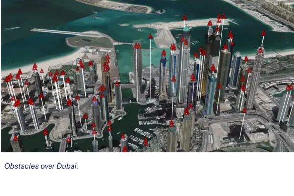 3D visualization of buildings in Dubai with marked obstacles