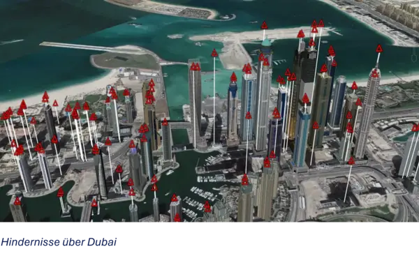 3D‑Darstellung von Hochhäusern in Dubai mit markierten Hindernissen