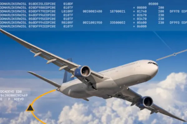 Commercial aircraft in cruise flight with overlaid flight data and technical information