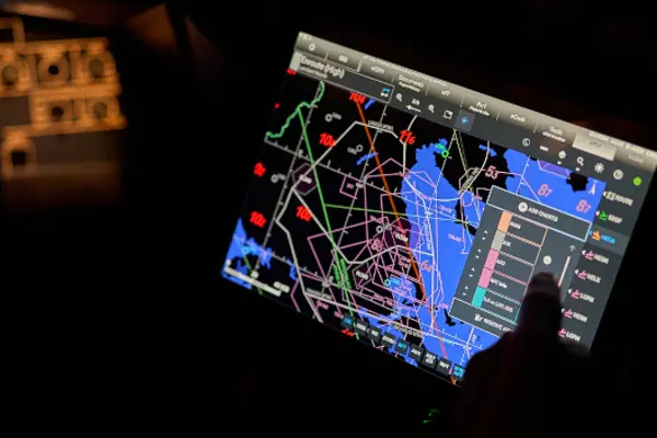 Digital cockpit displays showing navigation maps and flight data