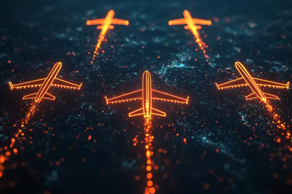 Abstract glowing aircraft icons with visualized flight paths
