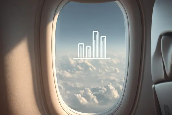 View from an aircraft window above the clouds with an overlaid performance chart visualization
