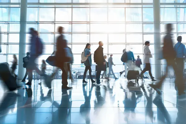 Busy airport terminal with travelers in motion