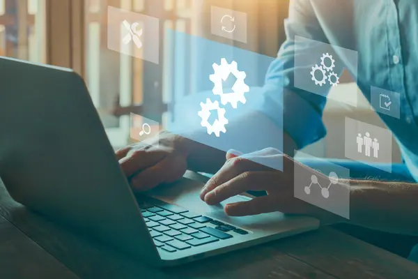 Digital workspace with visualized icons representing system integration, analytics, and process control.
