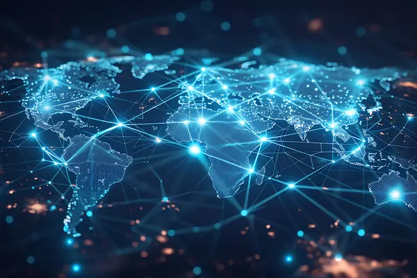 Digital world map with glowing nodes and connecting lines 