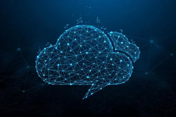 Digital cloud formed by connected nodes and lines representing cloud infrastructure, data processing, and connectivity
