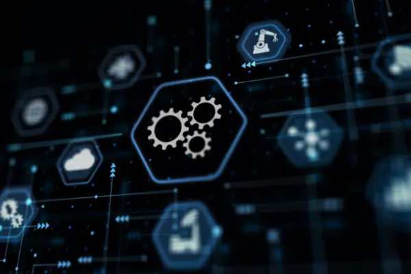 Gear icons on modern city background. Business concept for software technology automation system