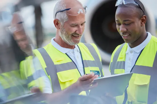 Air traffic control ground crew workers talking using digital tablet on airport tarmac