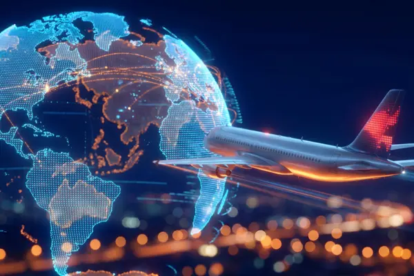 Modern airplane flying over digital global map at night