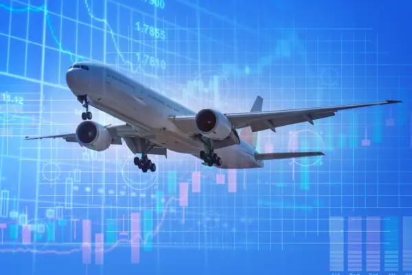 Commercial airplane soaring against a digital of financial data economic movement in industry airline stock analysis, economic reports, or presentations on travel industry trends and investments.