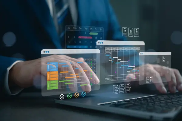 Project management and scheduling concept with digital Gantt chart, calendar, task dashboard on laptop. workflow planning, timeline control, productivity tracking, enterprise technology.