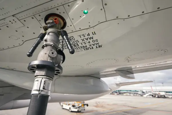 Close-up refueling of airplane at airport. Ground service before flight