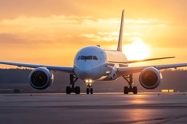 Commercial aircraft on the runway at sunset with illuminated landing gear