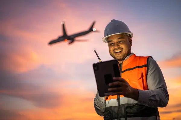 Tablet used on the apron with an aircraft approaching for landing in the background
