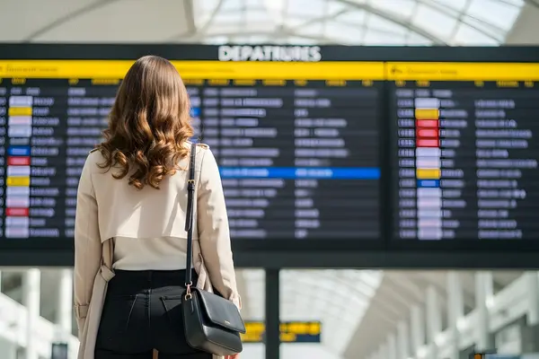 Person facing a departure board checking flight times and gate information