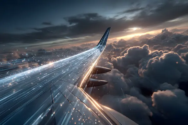 Flugzeugflügel im Flug mit digitaler Datenvisualisierung über Wolken bei Sonnenuntergang