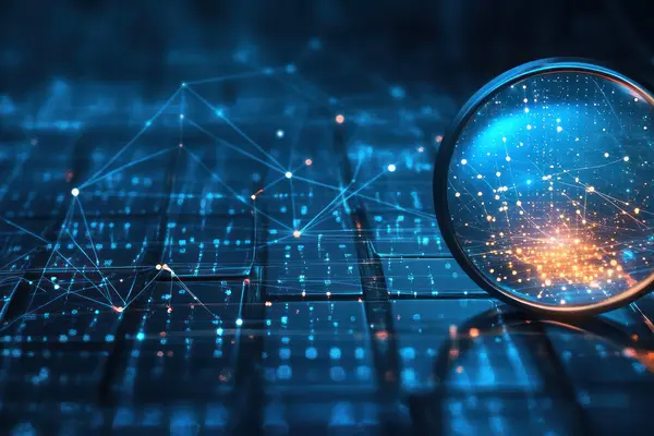 Magnifying glass highlights connected data points and lines for digital analysis