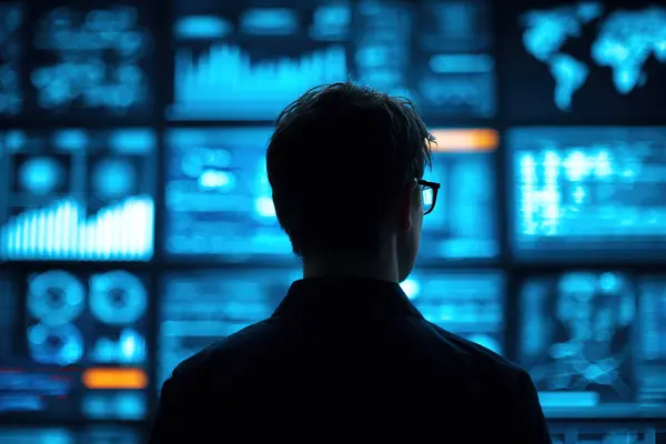 Person analyzing data on multiple screens with charts and system information