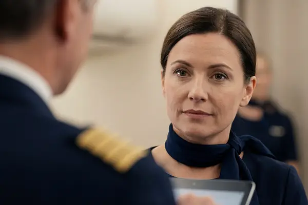 Two crew members communicate while using a tablet