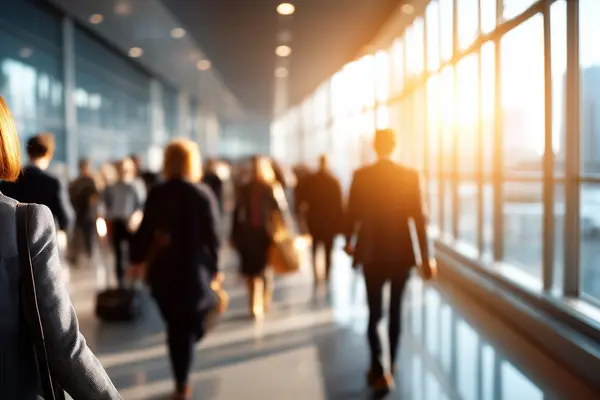 Travelers moving through an airport terminal corridor with large windows and natural light